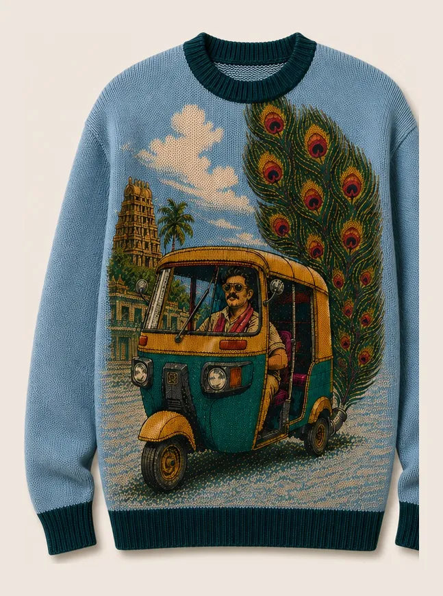 Auto Sweater — Dusty-blue jacquard knit crew, auto-rickshaw scene.