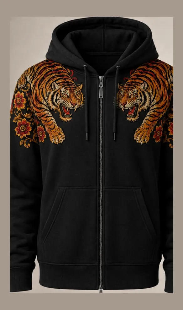 Puli Hoodie — Black heavyweight zip hoodie, embroidered tigers across both shoulders.